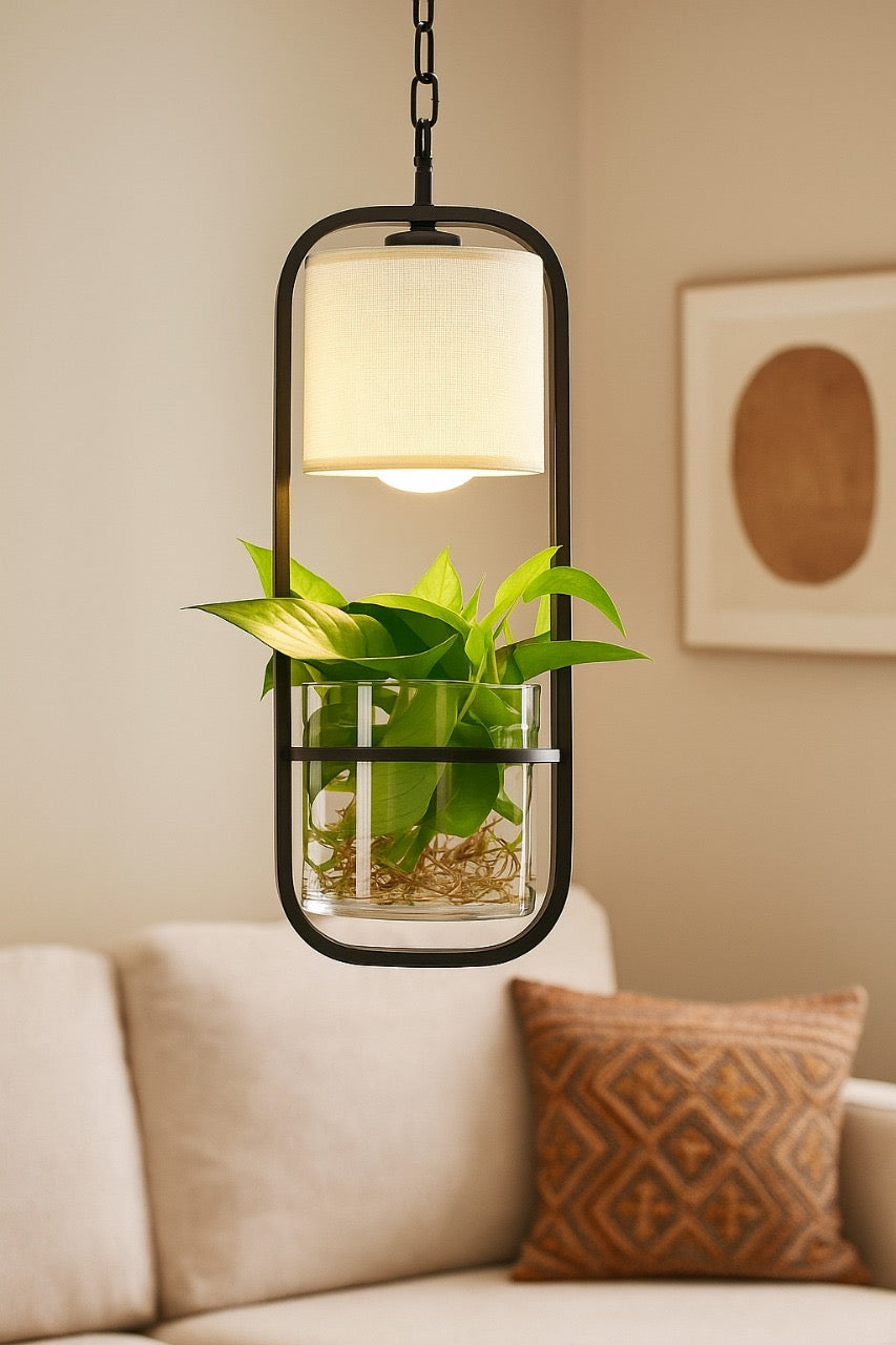 Hdc Modern Black Frame with Glass Planter and Fabric Shade Hanging Planter LED Pendant Light