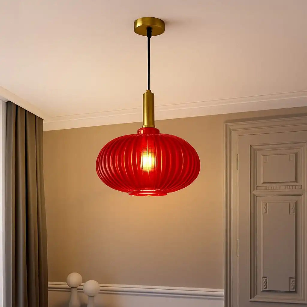 HDC Red Glass Mid Century Hanging Lamp 1 Light with Ribbed Glass Shade Blown Glass Ceiling Light