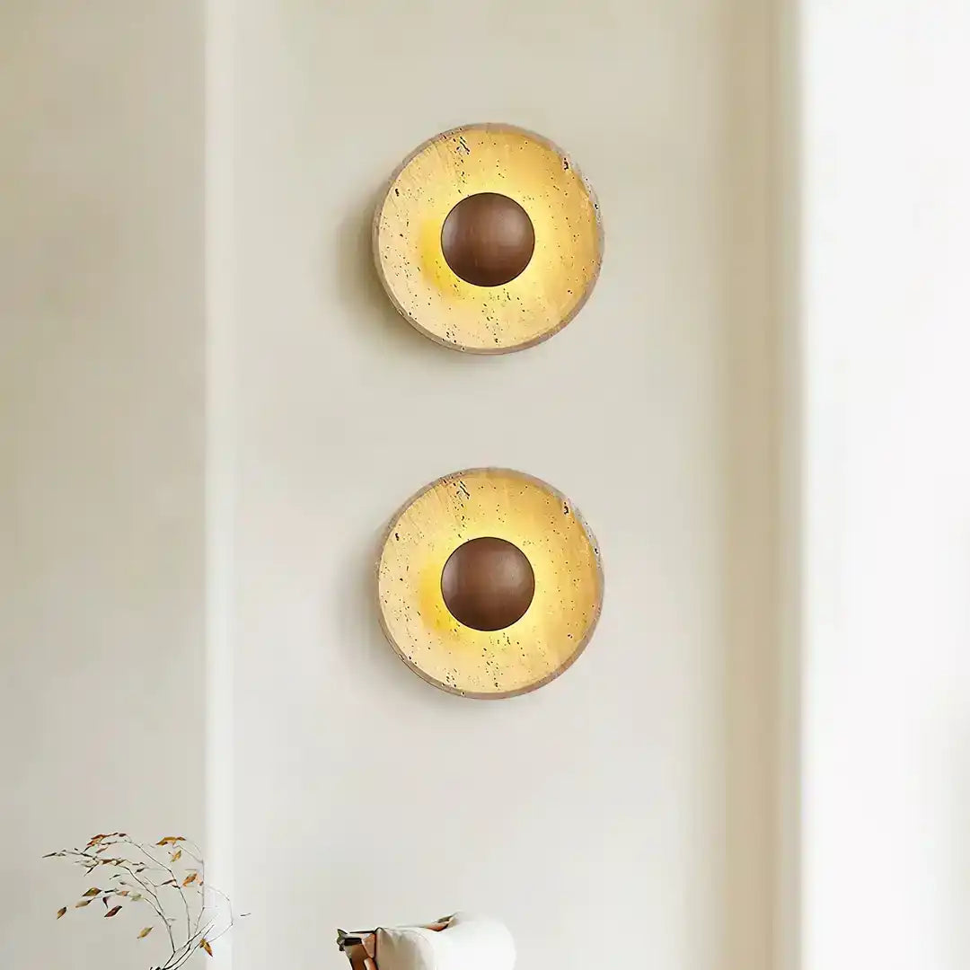 Hdc Medieval Yellow Travertine Wood Led Wall Light For Drawing Room - Tricolor