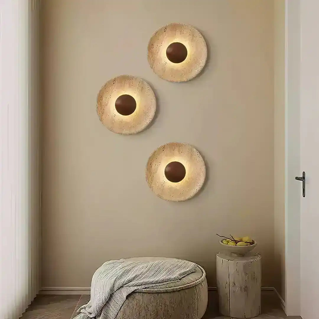 Hdc Medieval Yellow Travertine Wood Led Wall Light For Drawing Room - Tricolor
