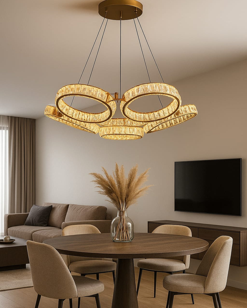 HDC 3 Ring Crystal Ring Modern LED Chandelier For Dining, Living Room- Tricolor