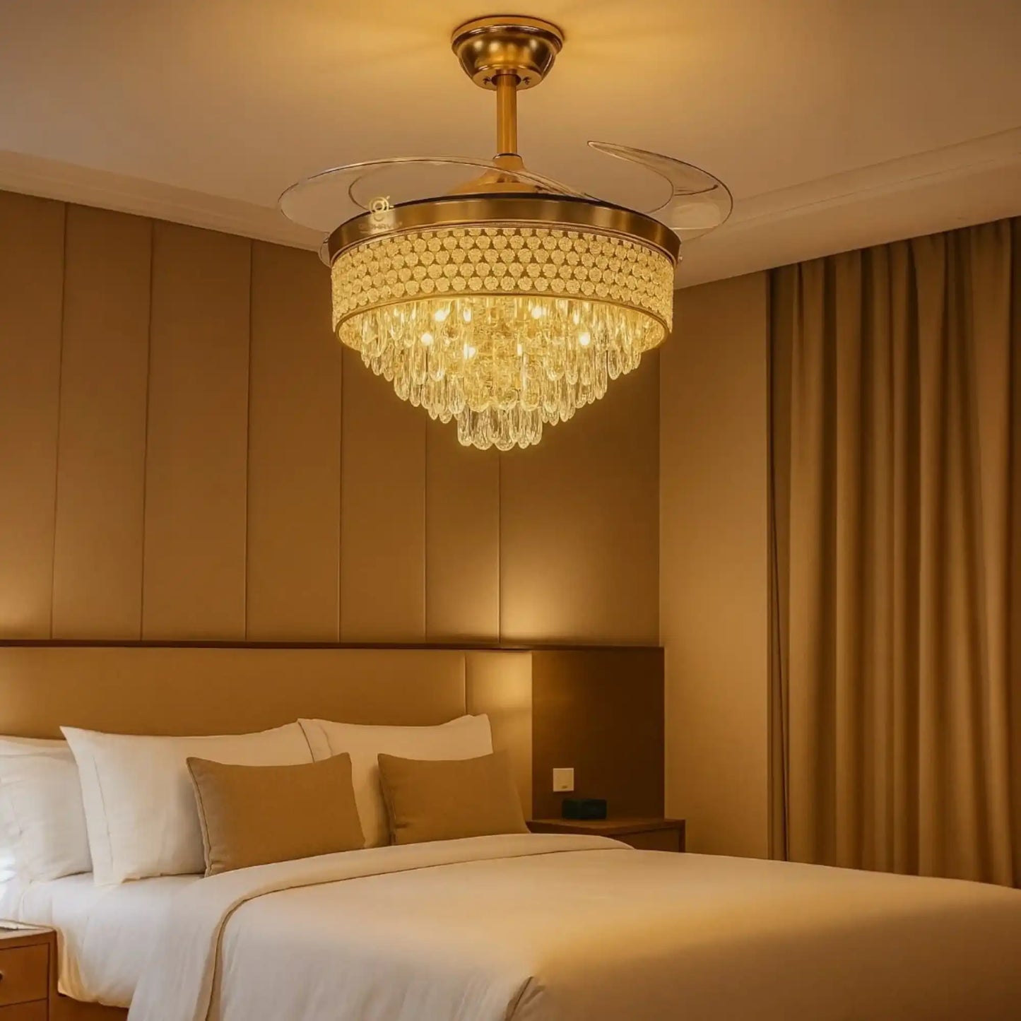 Hdc Invisible Ceiling Fan Chandelier Crystal And Remote Control 4 Retractable Abs Blades