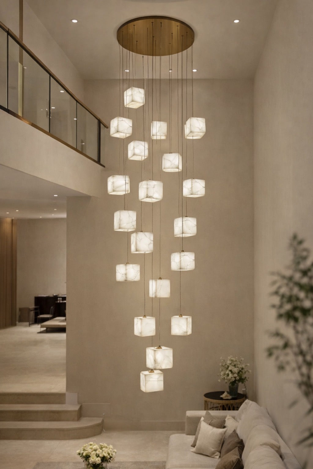 HDC 22 Lights Luxury Multi-Cube Marble Finish Hanging Chandelier for Staircase & Double Height Ceiling
