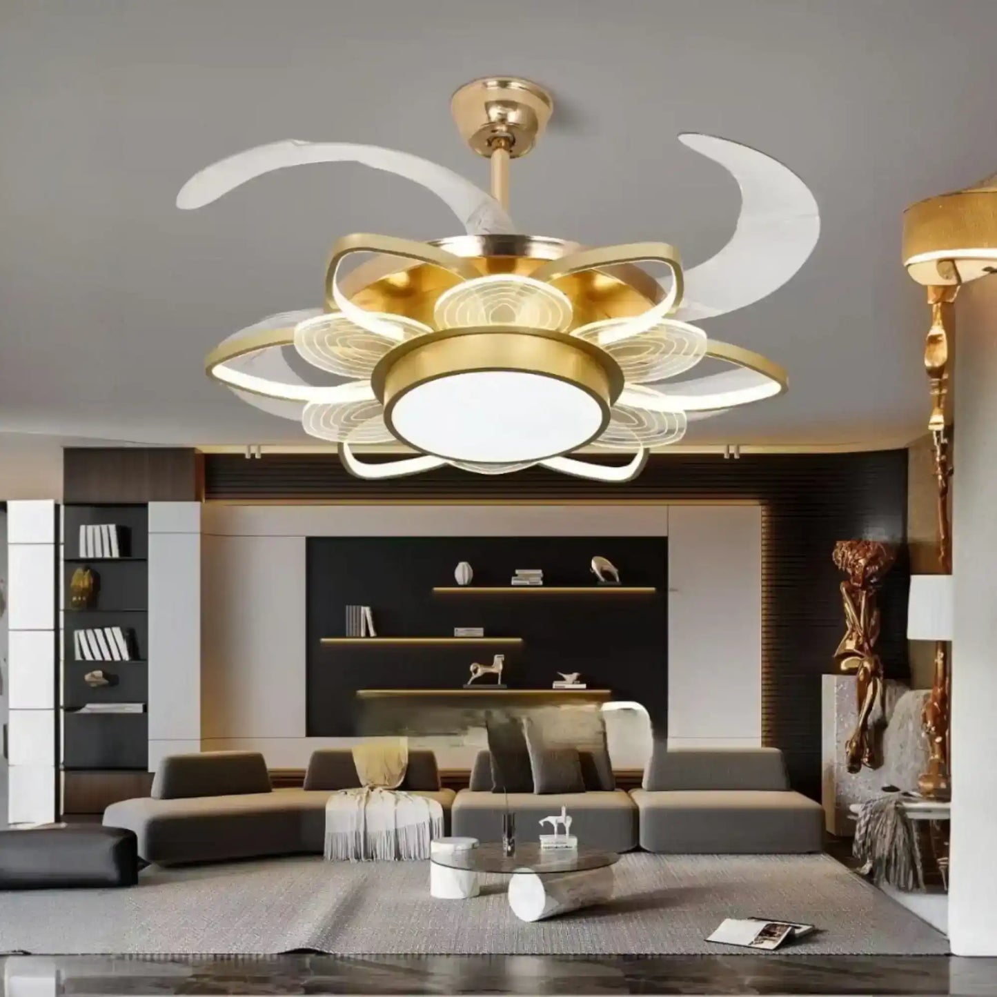 Hdc 8 Leaves Flower Shape Chandelier Fan 42 Inch Retractable Blades Remote Control - Tricolor - HDC Lights