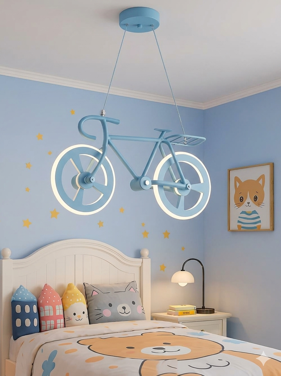 Hdc Kids Bicycle Ceiling Light Modern LED Hanging Pendant Fixture for Girls Bedroom | Creative Bike-Themed Light with Glowing Wheel Rings | Perfect for Playroom, Study Area, or Nursery