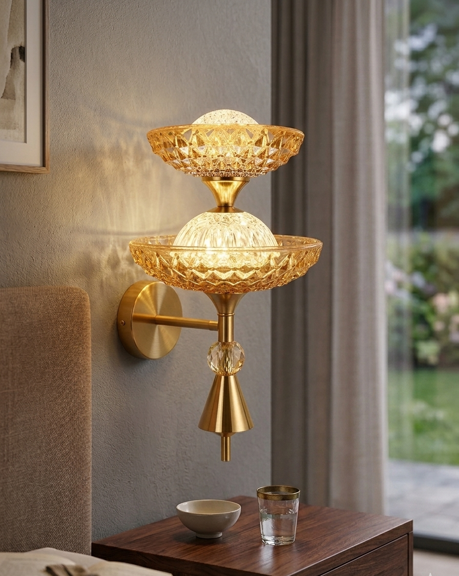 HDC Luxury Gold Crystal Dual Layer Wall Light for Bedroom, Living Room