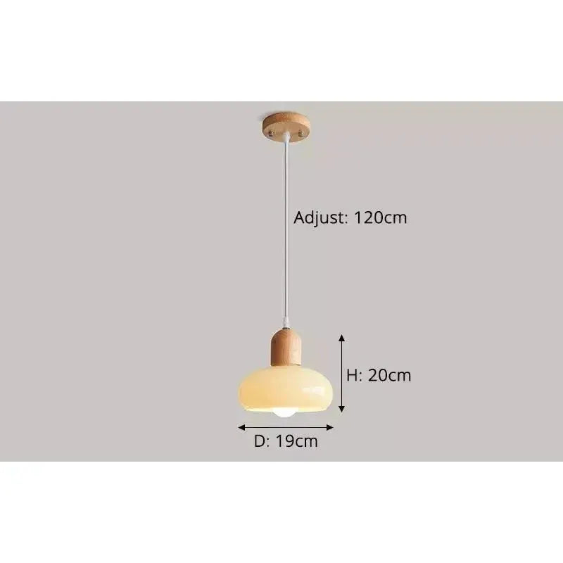HDC Wood Dome Pendant Light Cream Glass Pendant Lighting for Dining Room Bedroom Bedside Living Room