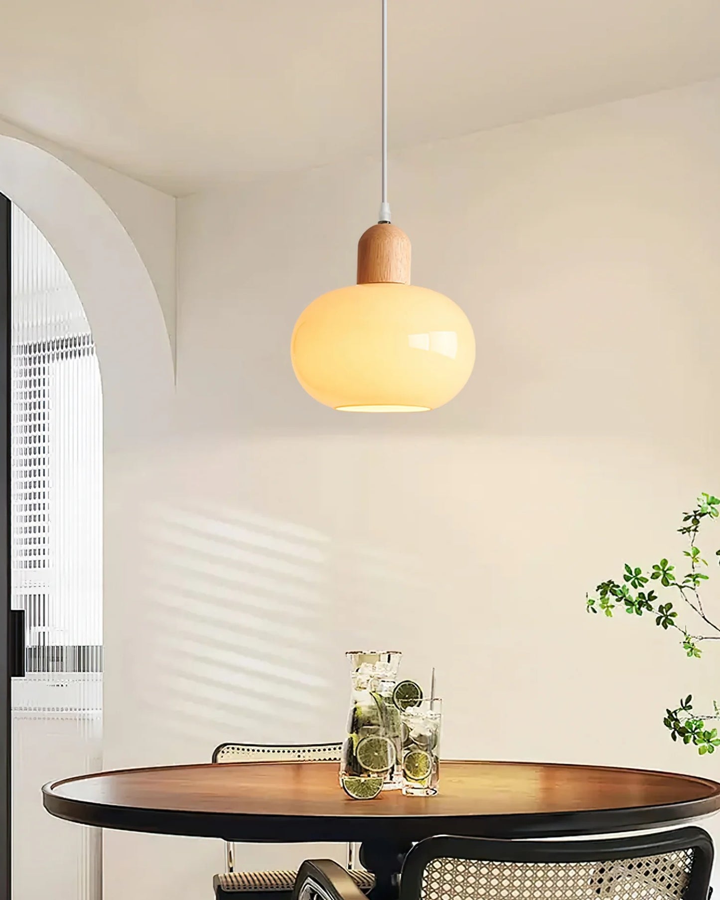 HDC Wood Dome Pendant Light Cream Glass Pendant Lighting for Dining Room Bedroom Bedside Living Room