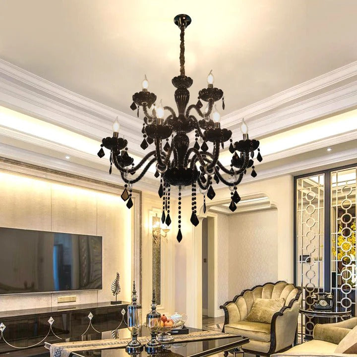 HDC 12-Light Black Glass Crystal Midnight Royale Italian Chandelier