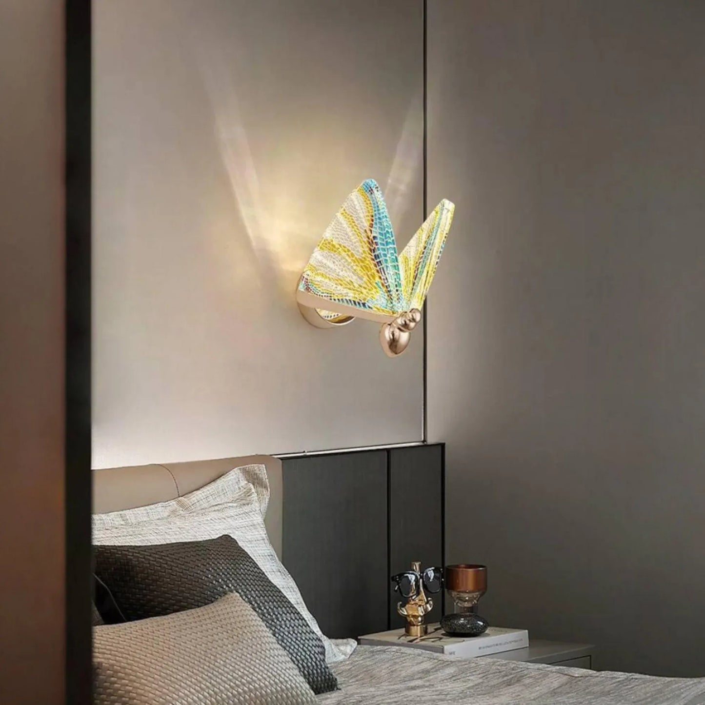 HDC Led Acrylic Multicolour Butterfly Shape Golden Metal Wall Light - Tricolor