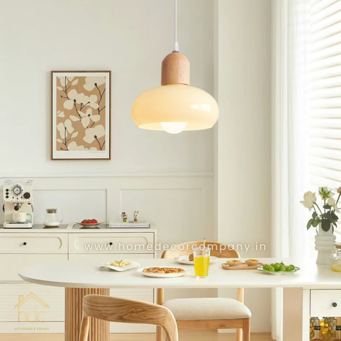 HDC Wood Dome Pendant Light Cream Glass Pendant Lighting for Dining Room Bedroom Bedside Living Room