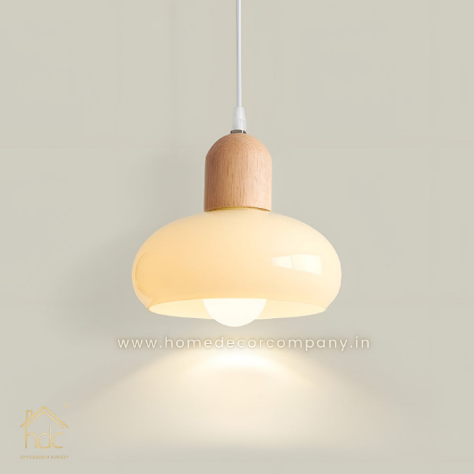 HDC Wood Dome Pendant Light Cream Glass Pendant Lighting for Dining Room Bedroom Bedside Living Room
