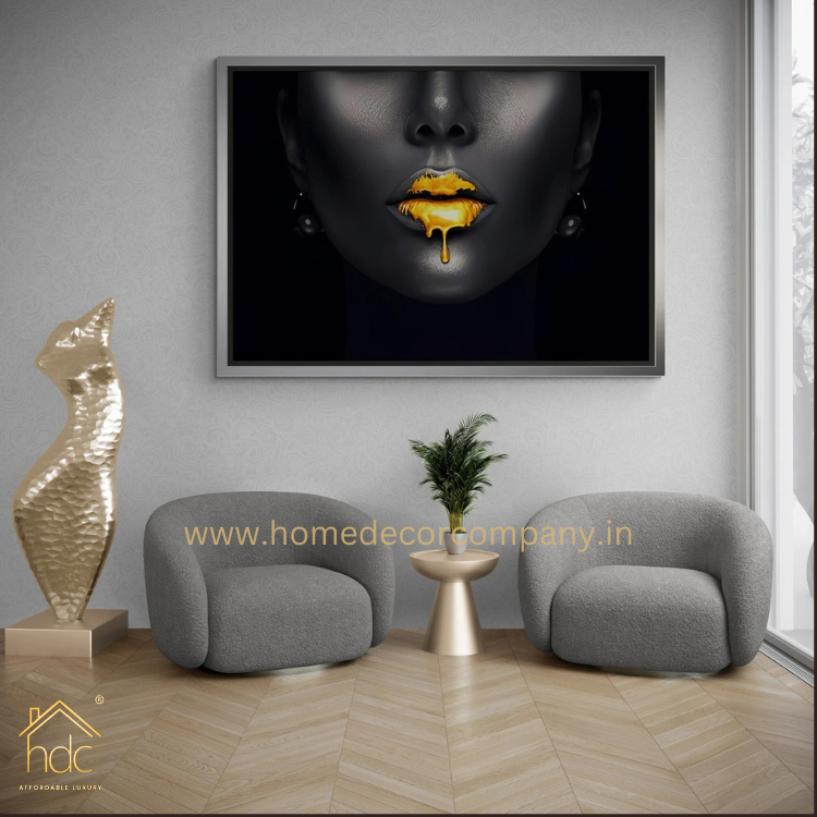 Hdc Golden Lips Framed Canvas, Black Woman Wall Art, Trendy Wall Art, Girl with Earring Canvas, Luxury Gold Liquid Drops White Framed Canvas