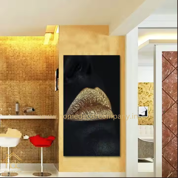 Hdc High Quality Modern Golden Close-up Image of a Woman's Lips Sexy Lips Black and Gold Canvas Art Print Wall Painting for Decor