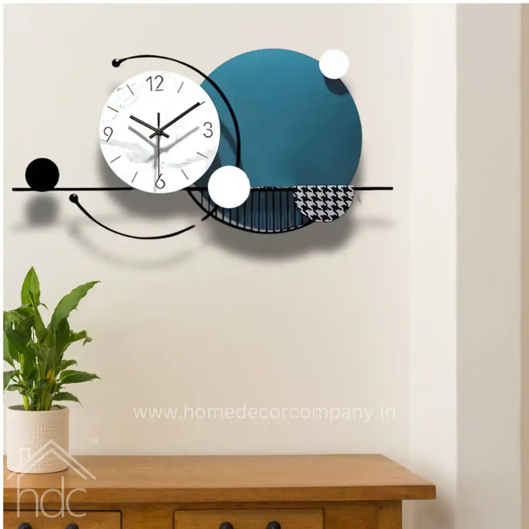 Hdc Blue and White Abstract Designer Wall Clock For Living Room Home Decor