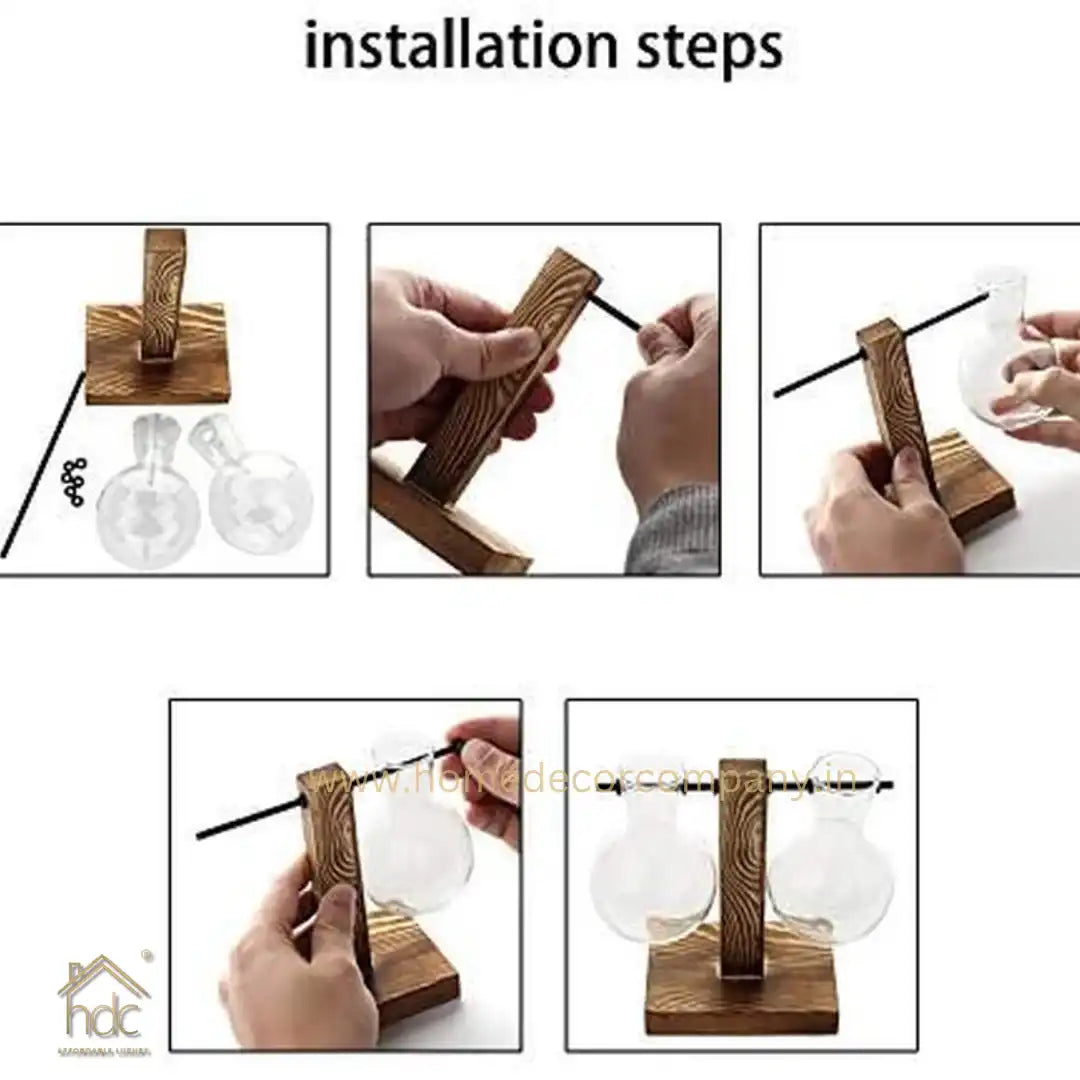 HDC Indoor Propagation Station Wooden Stand With 1 Bulb-Shaped Glass Vases Test Tube (Style 1)