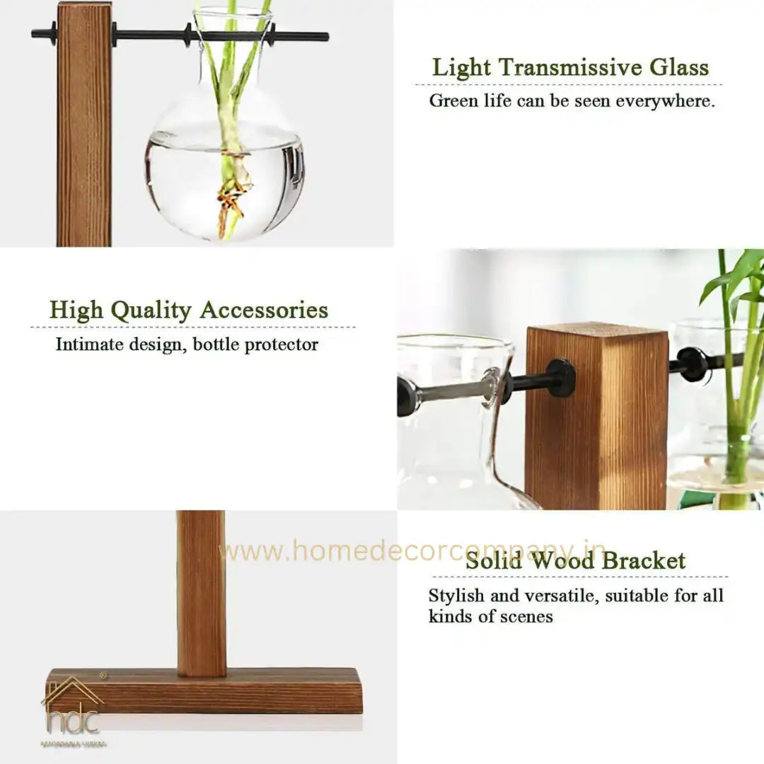 HDC Indoor Propagation Station Wooden Stand With 2 Bulb-Shaped Glass Vases Test Tube (Style 2)