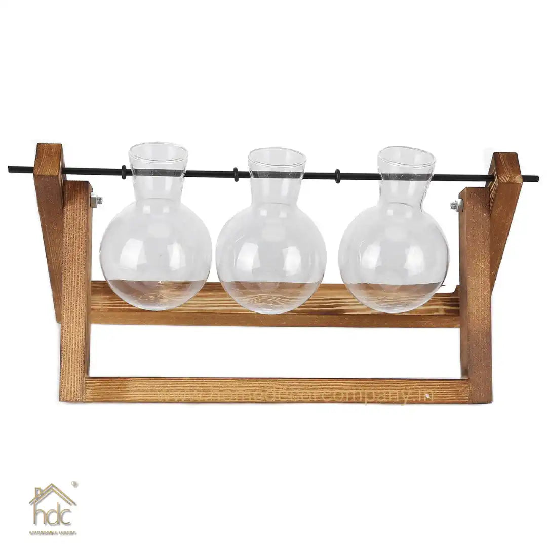 HDC Indoor Propagation Station Wooden Stand With 3 Bulb-Shaped Glass Vases Test Tube (Style 3)