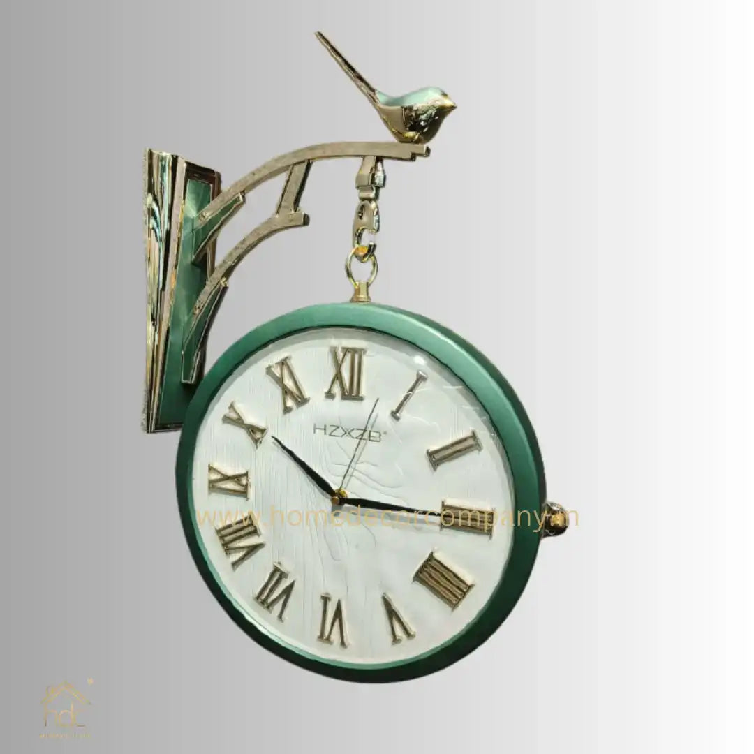 HDC Modern Double-Sided Vintage-Style Station Clock With a Decorative Clock has a Green Frame, a White Face with Roman Numerals Hanging Clock with a Bird Perched on Top