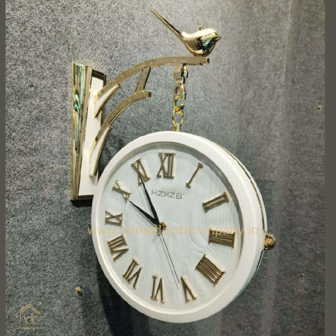 HDC Modern Double-Sided Vintage-Style Station Clock With a Decorative Clock has a White Frame, a White Face with Roman Numerals Hanging Clock with a Bird Perched on Top