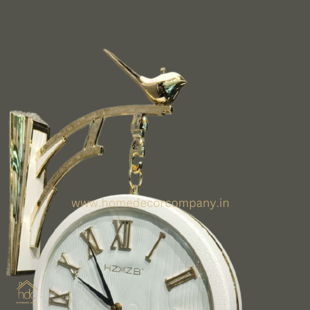 HDC Modern Double-Sided Vintage-Style Station Clock With a Decorative Clock has a White Frame, a White Face with Roman Numerals Hanging Clock with a Bird Perched on Top