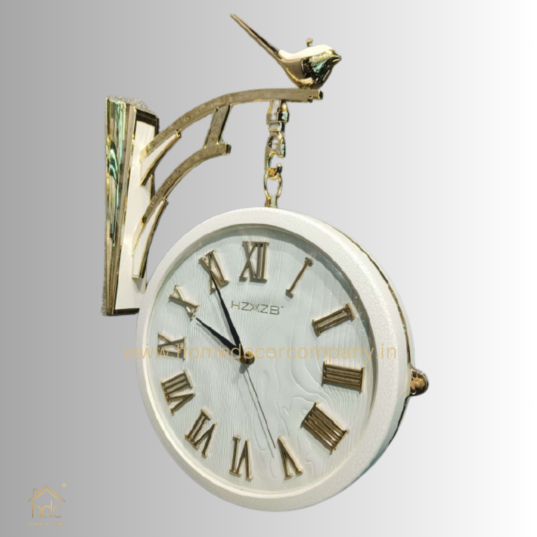 HDC Modern Double-Sided Vintage-Style Station Clock With a Decorative Clock has a White Frame, a White Face with Roman Numerals Hanging Clock with a Bird Perched on Top