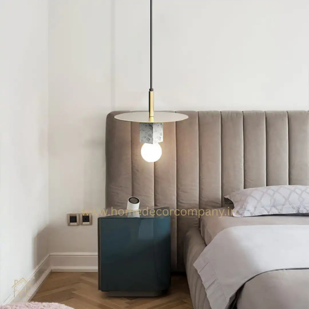 Hdc Nordic Modern Pendant Lamp for Beside Bedroom Square Shape Marble Living Dinning Room Light Creative Hanging Terrazzo Pendant Lighting (White)