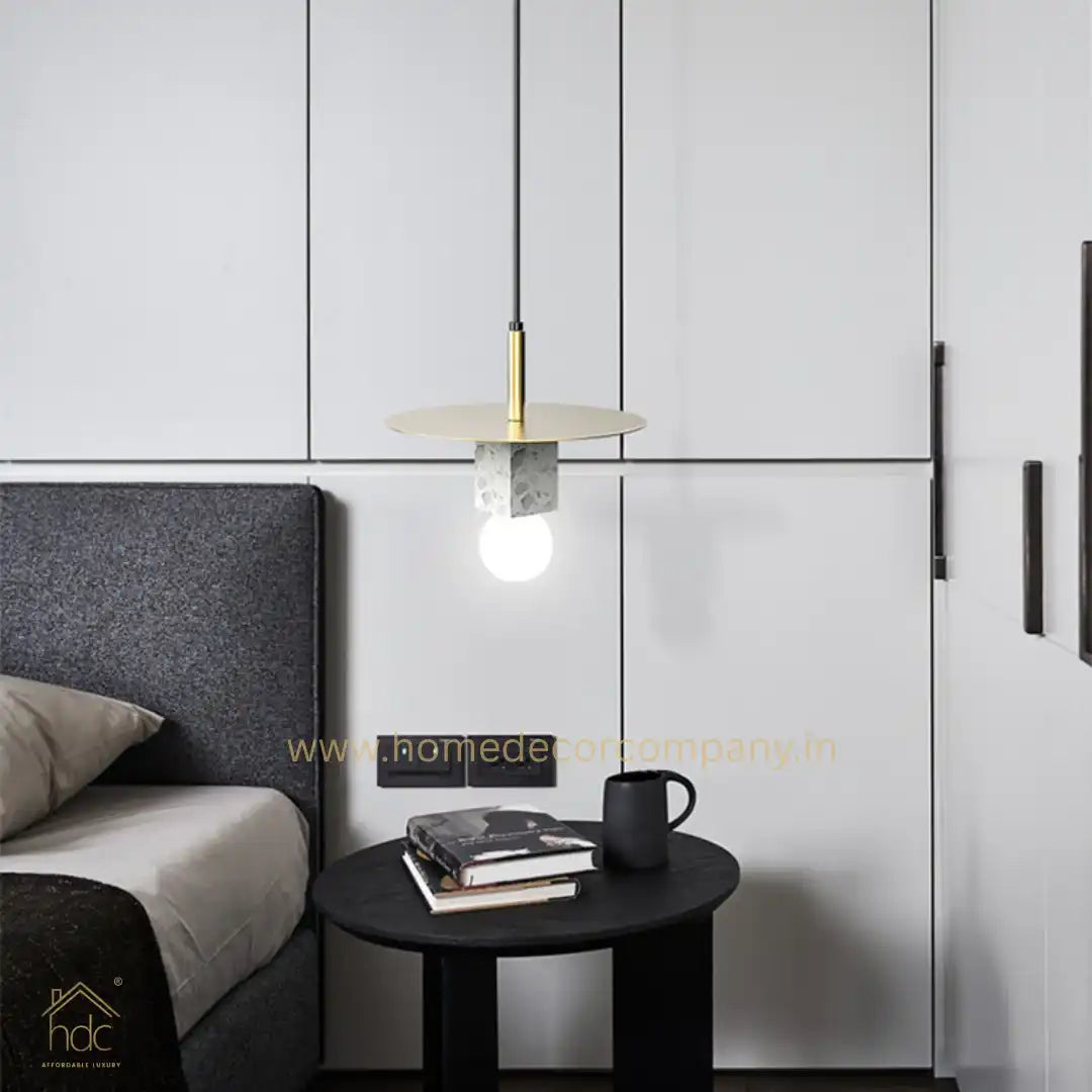 Hdc Nordic Modern Pendant Lamp for Beside Bedroom Square Shape Marble Living Dinning Room Light Creative Hanging Terrazzo Pendant Lighting (White)