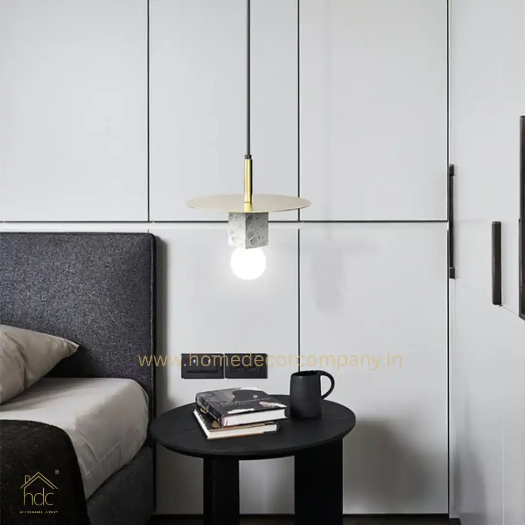 Hdc Nordic Modern Pendant Lamp for Beside Bedroom Square Shape Marble Living Dinning Room Light Creative Hanging Terrazzo Pendant Lighting (White)