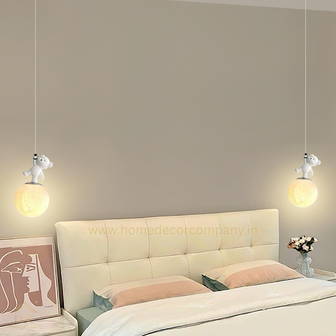 HDC Moon Light Pendant Lamp, 3D Print Night Light, White Resin Bear Hanging Ceiling Lamp, Adjustable Height, Nordic Home Office Bar Decor