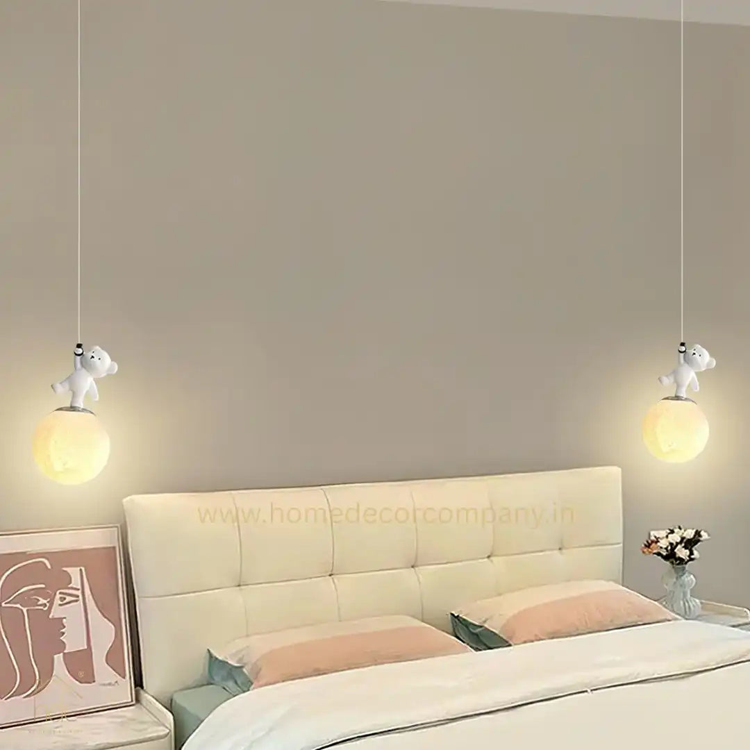 HDC Moon Light Pendant Lamp, 3D Print Night Light, White Resin Bear Hanging Ceiling Lamp With Adjustable Height