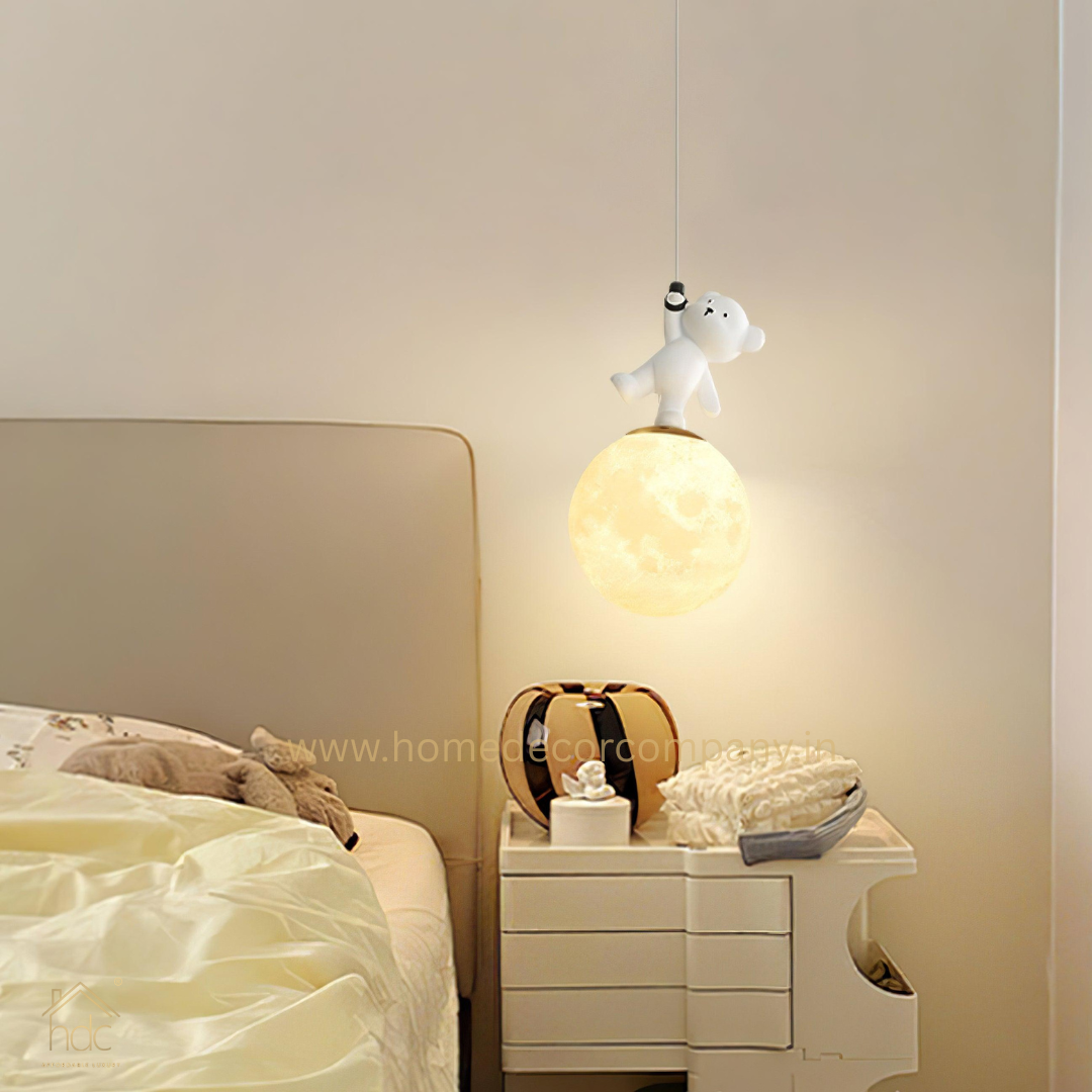 HDC Moon Light Pendant Lamp, 3D Print Night Light, White Resin Bear Hanging Ceiling Lamp, Adjustable Height, Nordic Home Office Bar Decor