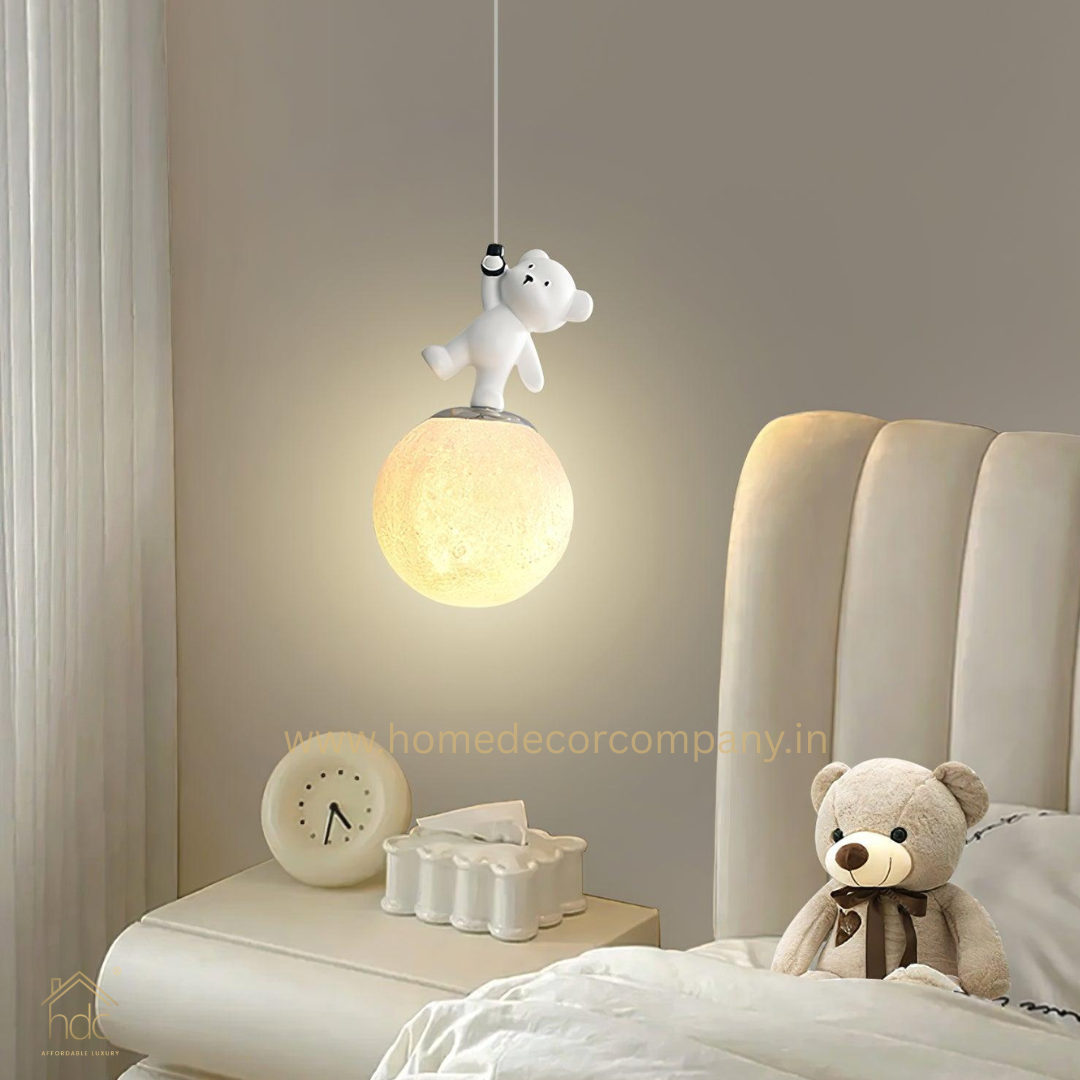 HDC Moon Light Pendant Lamp, 3D Print Night Light, White Resin Bear Hanging Ceiling Lamp, Adjustable Height, Nordic Home Office Bar Decor