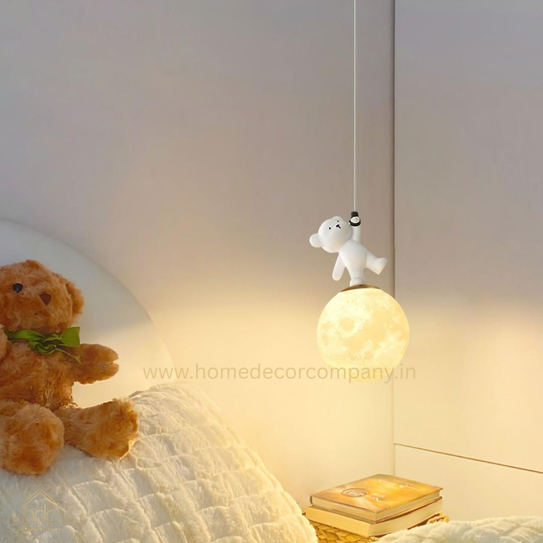 HDC Moon Light Pendant Lamp, 3D Print Night Light, White Resin Bear Hanging Ceiling Lamp, Adjustable Height, Nordic Home Office Bar Decor