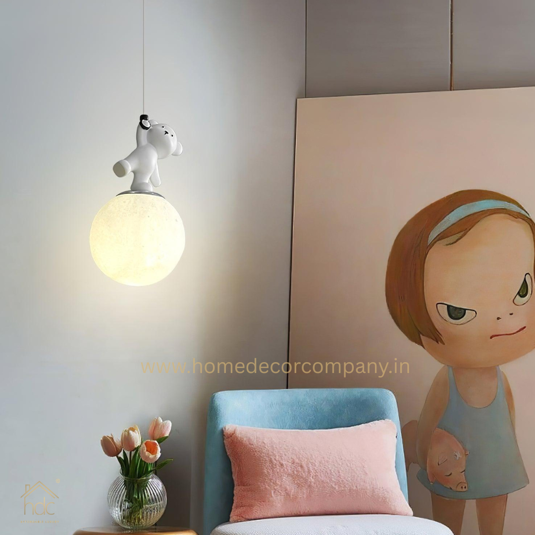 HDC Moon Light Pendant Lamp, 3D Print Night Light, White Resin Bear Hanging Ceiling Lamp, Adjustable Height, Nordic Home Office Bar Decor