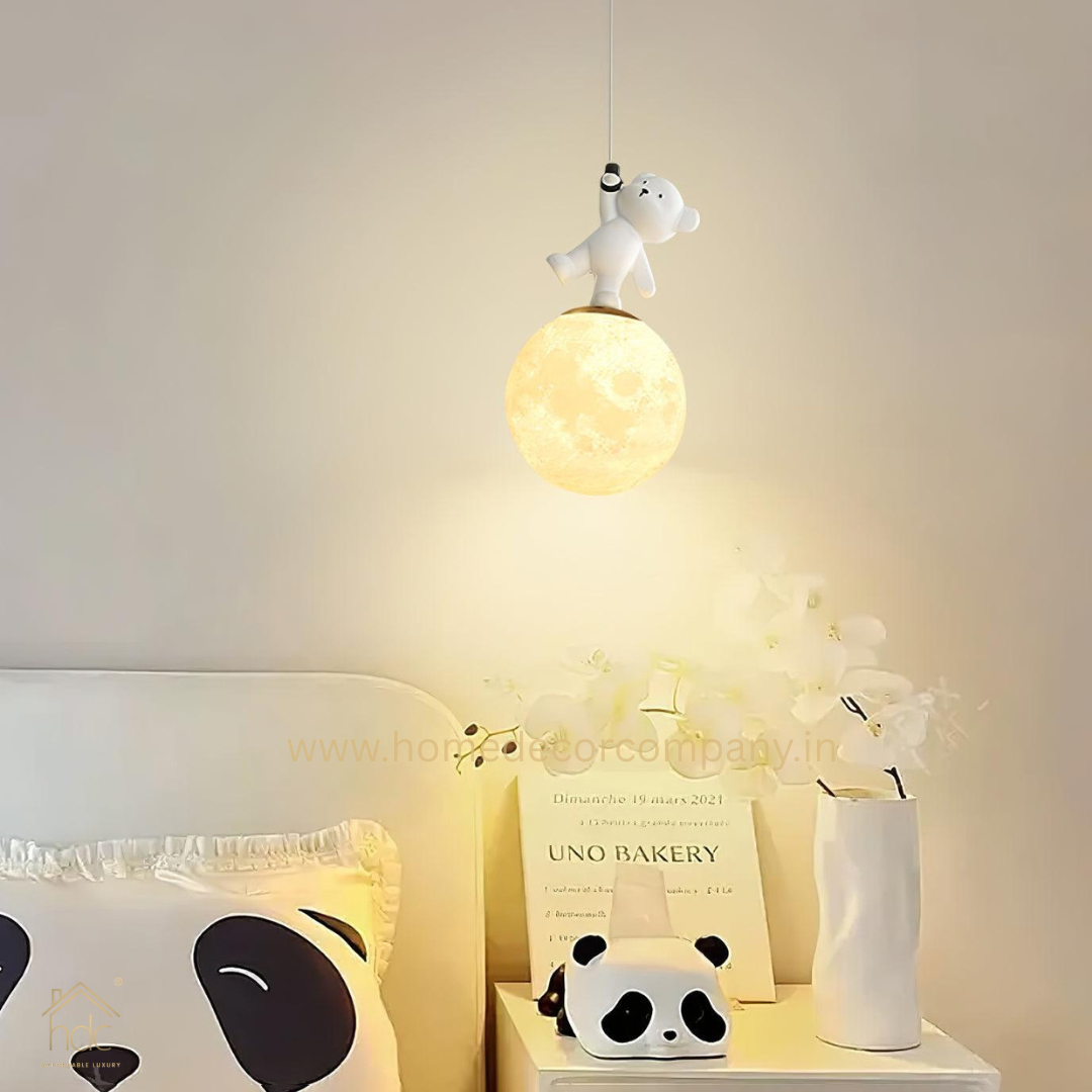 HDC Moon Light Pendant Lamp, 3D Print Night Light, White Resin Bear Hanging Ceiling Lamp, Adjustable Height, Nordic Home Office Bar Decor