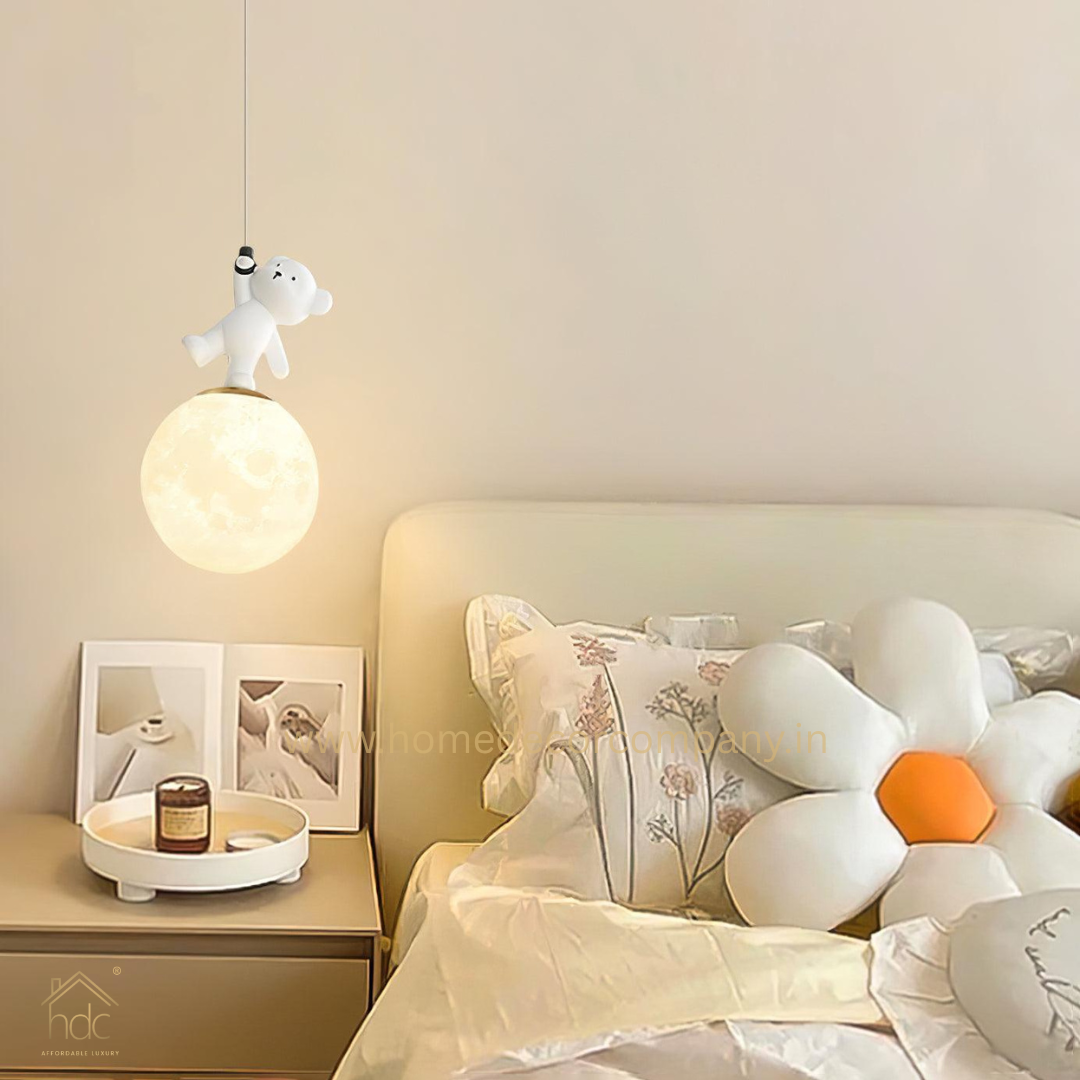 HDC Moon Light Pendant Lamp, 3D Print Night Light, White Resin Bear Hanging Ceiling Lamp, Adjustable Height, Nordic Home Office Bar Decor