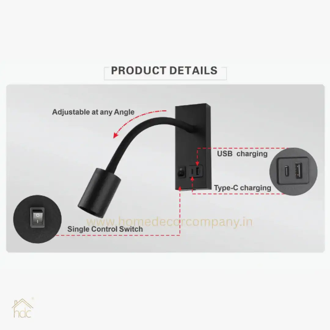 HDC Led Black Gooseneck LED Reading Wall Light with USB Charging - Tricolor