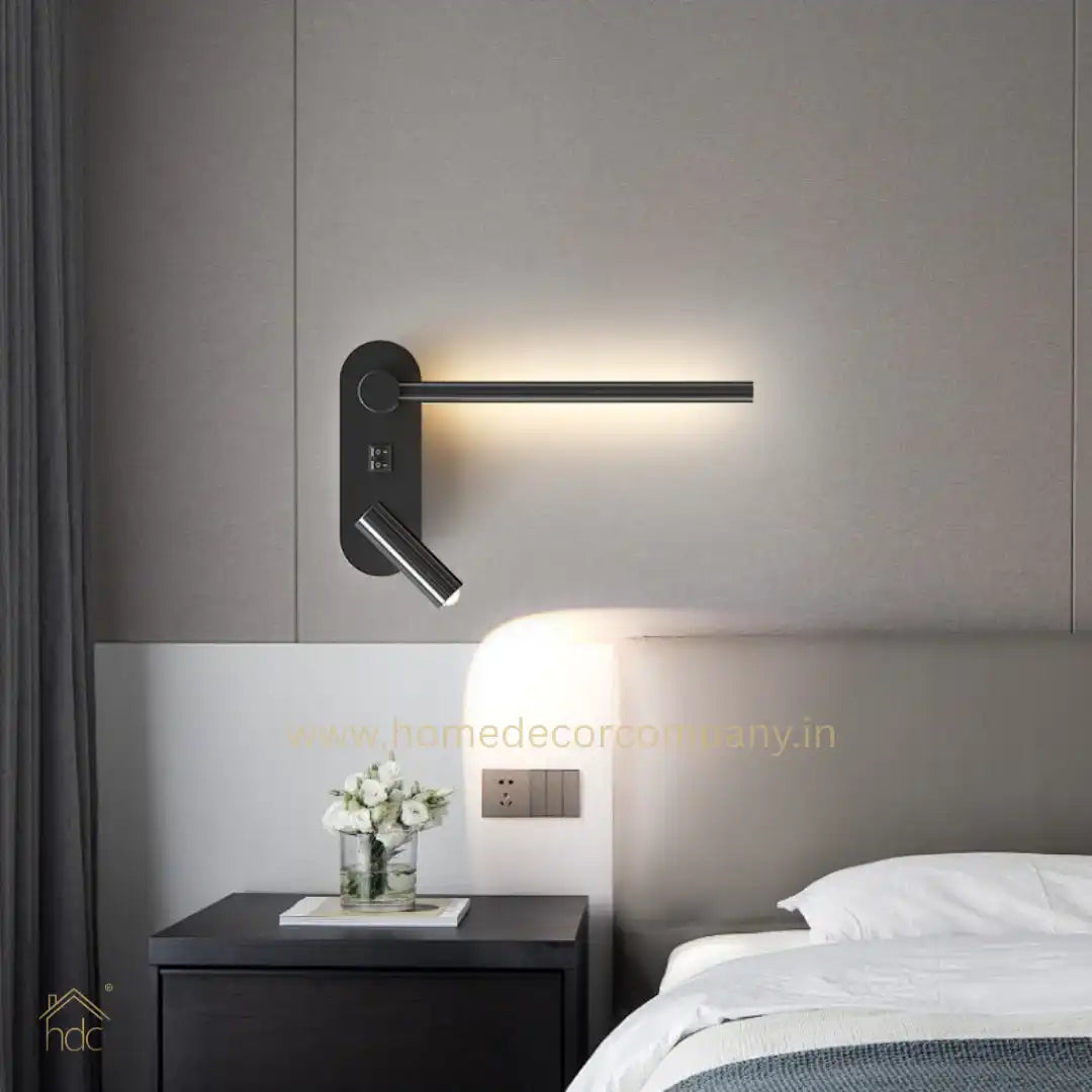 HDC Led Black Bedside Wall Light with Adjustable Linear Spot - Warm White