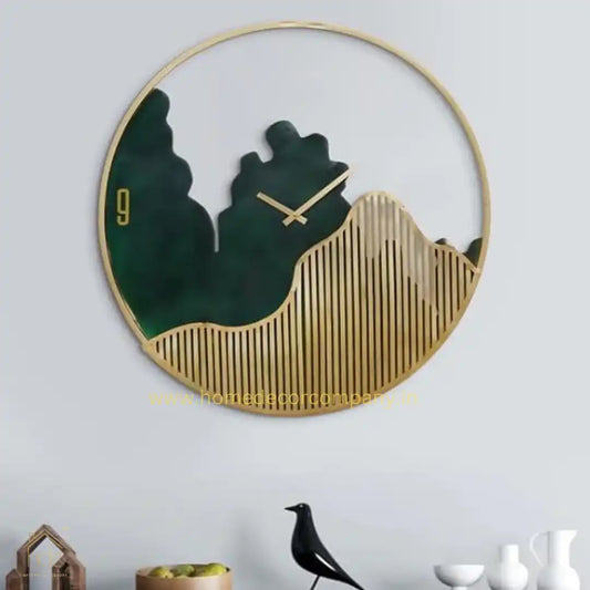 Hdc Modern Iron Round Dark Green and Golden Analog Wall Hanging Clock for Living Room Bedroom Home Office Timeless Decor