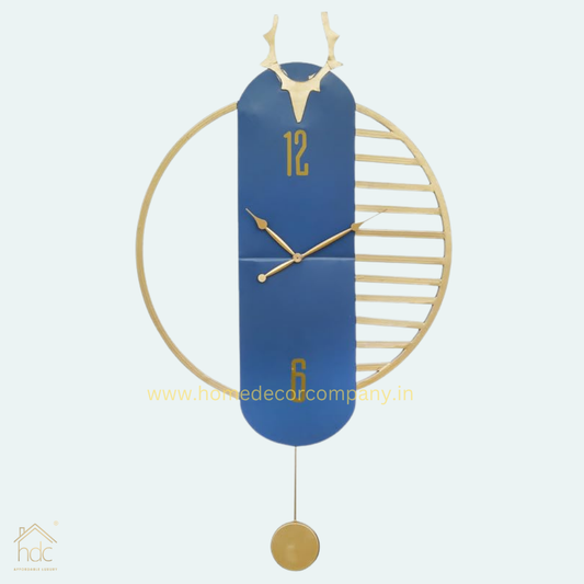 Hdc Beautiful Deer Head on Top Golden Color Case Metal Blue Dial Pendulum Style Analog Wall Clock for Living Room Home Decor Office Gifts