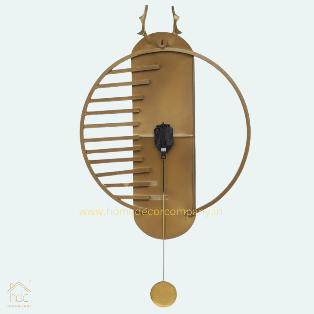 Hdc Beautiful Deer Head on Top Golden Color Case Metal Blue Dial Pendulum Style Analog Wall Clock for Living Room Home Decor Office Gifts