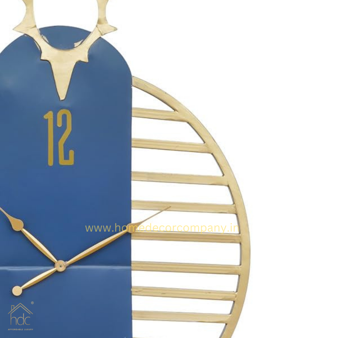 Hdc Beautiful Deer Head on Top Golden Color Case Metal Blue Dial Pendulum Style Analog Wall Clock for Living Room Home Decor Office Gifts