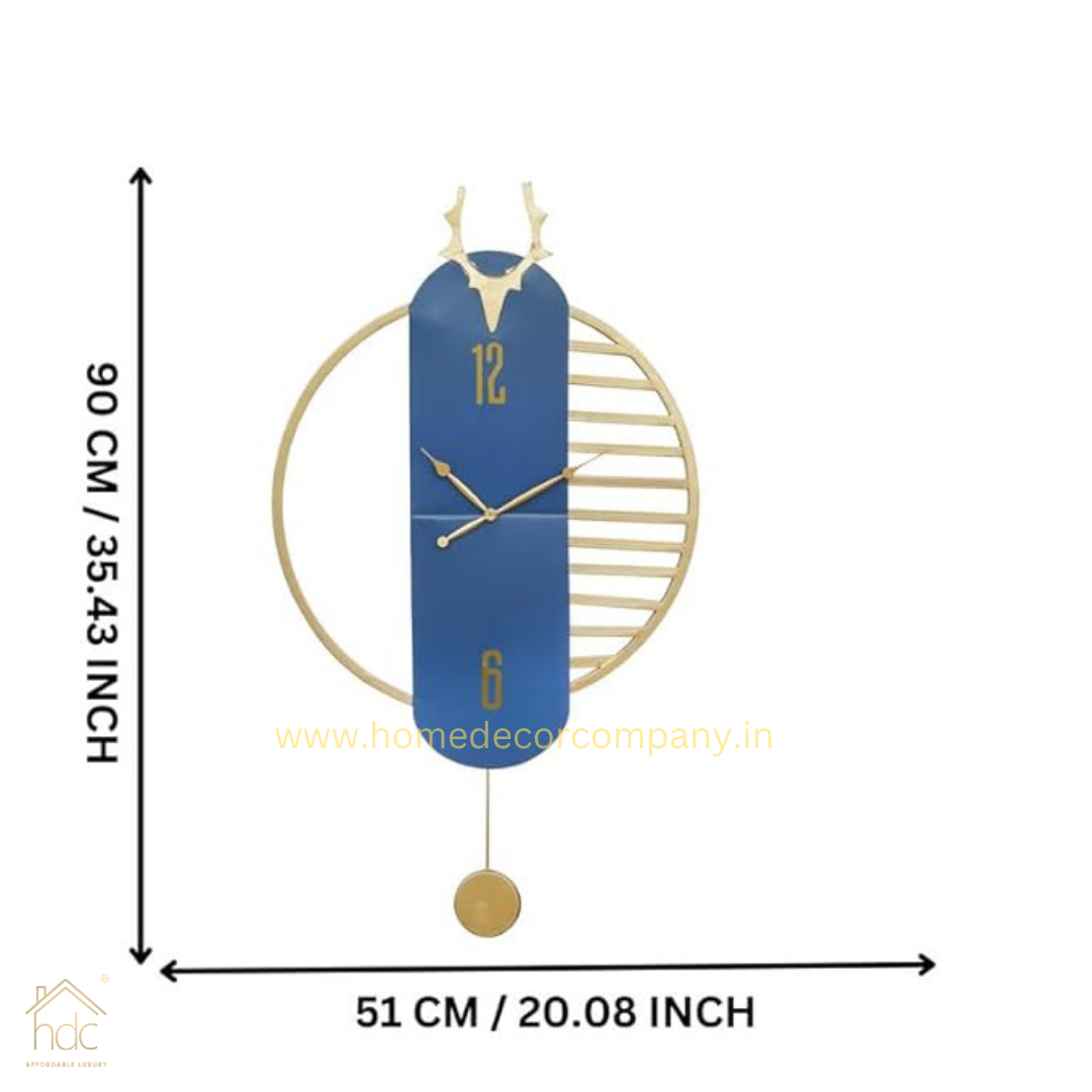 Hdc Beautiful Deer Head on Top Golden Color Case Metal Blue Dial Pendulum Style Analog Wall Clock for Living Room Home Decor Office Gifts