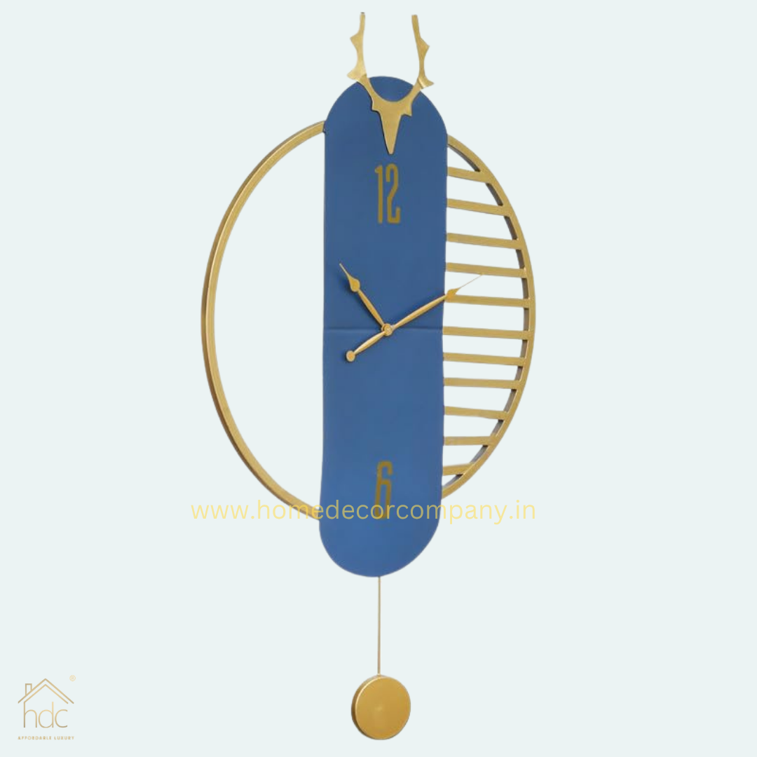 Hdc Beautiful Deer Head on Top Golden Color Case Metal Blue Dial Pendulum Style Analog Wall Clock for Living Room Home Decor Office Gifts