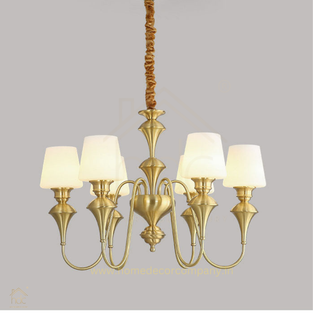 HDC 6 Light Frost Glass Brass Italian Chandelier Light for Dining Hall - Warm White