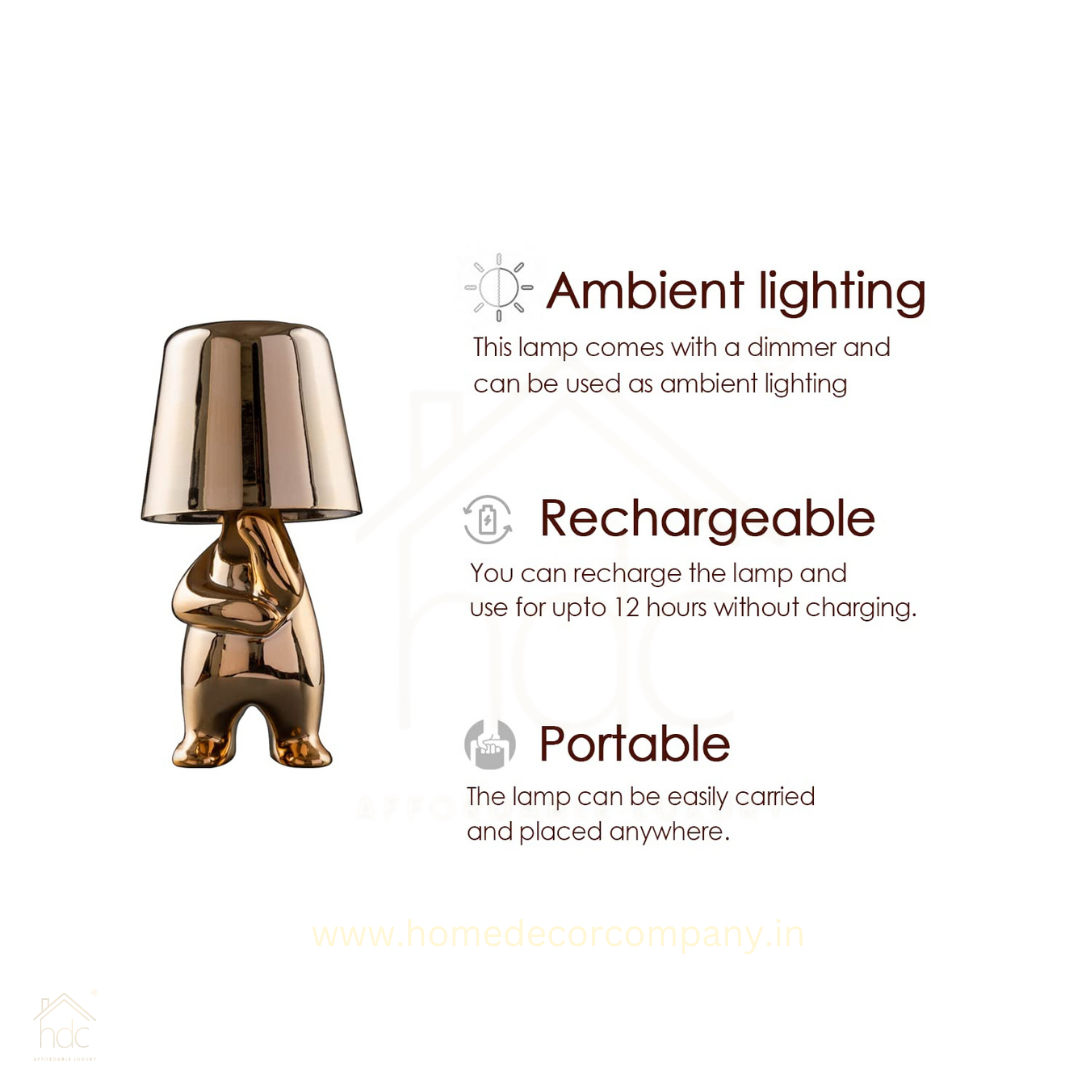 Hdc Little Golden/Silver Man Thinking Stylish Nordic Golden Luxury Portable LED Desk Lamp Cafe Bar Restaurant Home Decoration Night Light