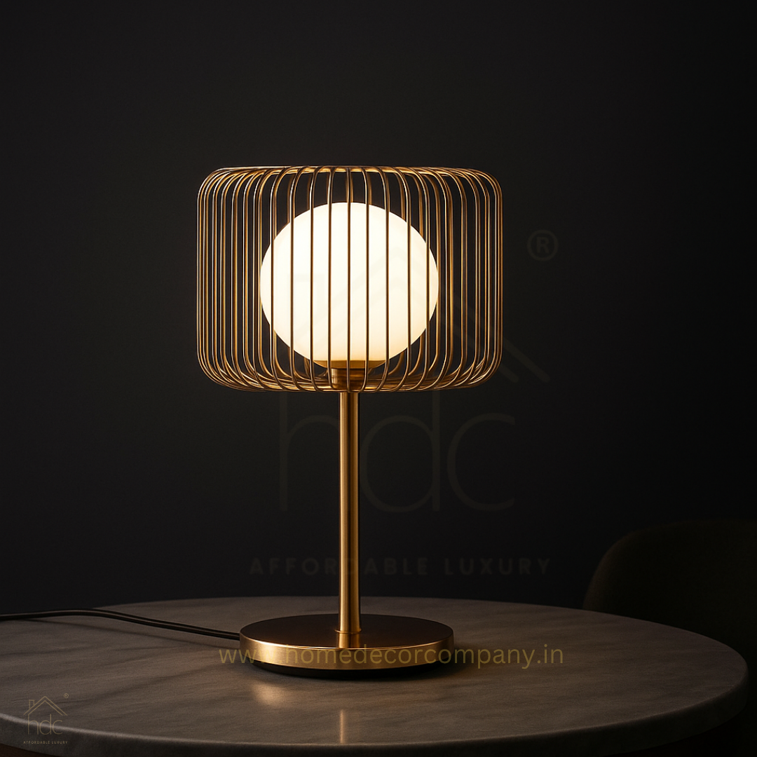 Hdc Modern Luxe Gold Cage Table Lamp with Frosted Globe