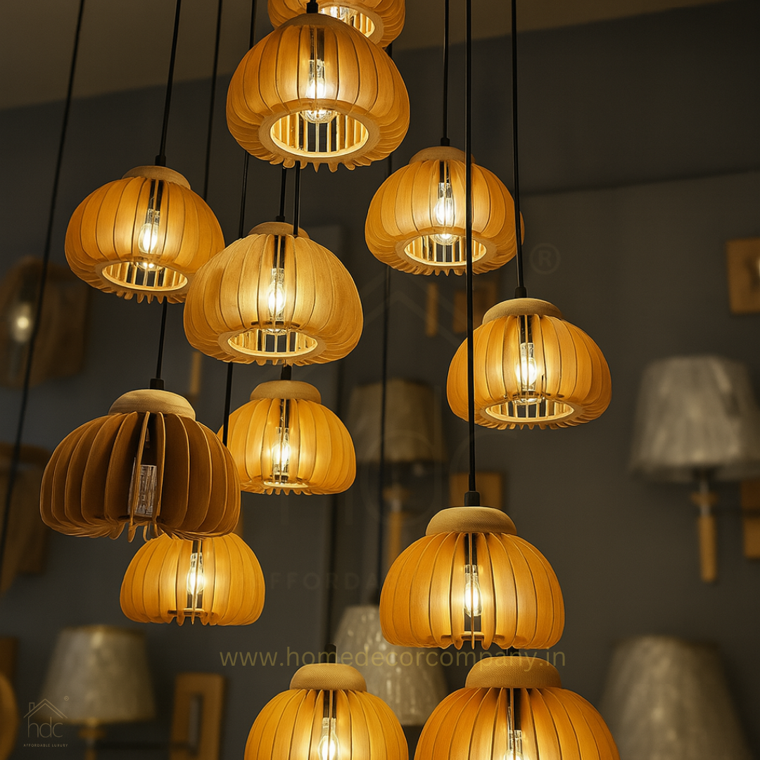 HDC E27 Wooden Pendant Light with Wooden Lampshade and Pumpkin Shape Height Adjustable Middle Size Ceiling Chandelier