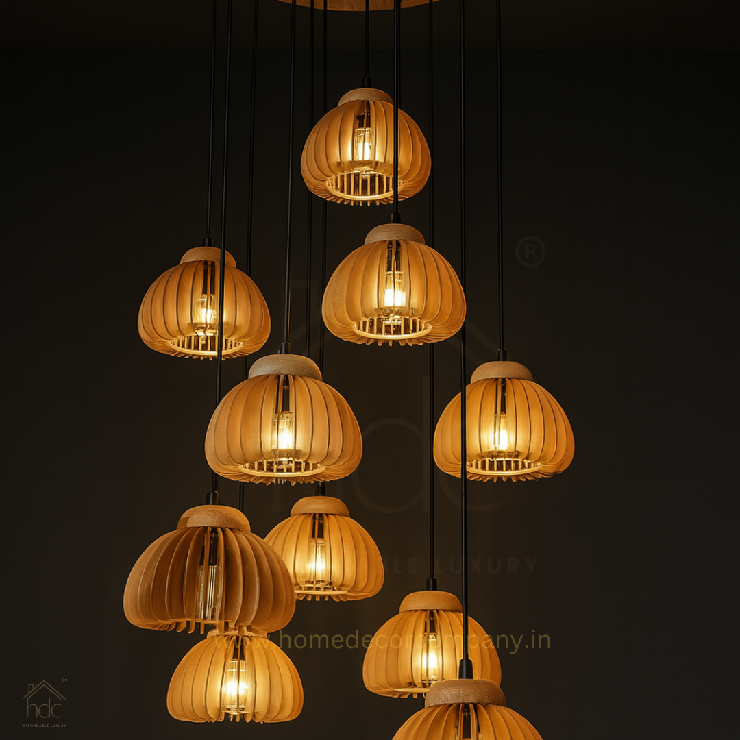 HDC E27 Wooden Pendant Light with Wooden Lampshade and Pumpkin Shape Height Adjustable Middle Size Ceiling Chandelier